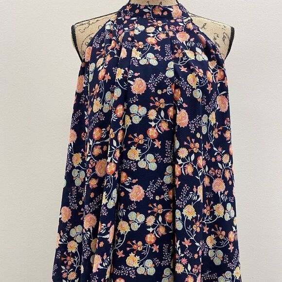 Alta blue floral high halter neck sleeveless flowy tunic top - Picture 2 of 8